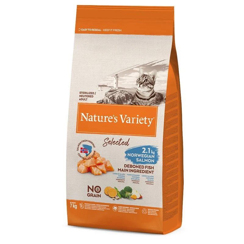 7kg Nature's Variety Dry Cat Food + 12 x 85g Wet Cat Food Free! * No Grain Norwegian Salmon (7kg) + Mixed Pack Bites in Gravy (12 x 85g) 7kg Nature's Variety Dry Cat Food + 12 X 85g Wet Cat Food Free! * No Grain Norwegian Salmon (7kg) + Mixed Pack Bites In Gravy (12 X 85g) -Zooplus Store 174201 pla naturesvarienty nvc selected stz norwegian salmon 7kg hs 01 5 4