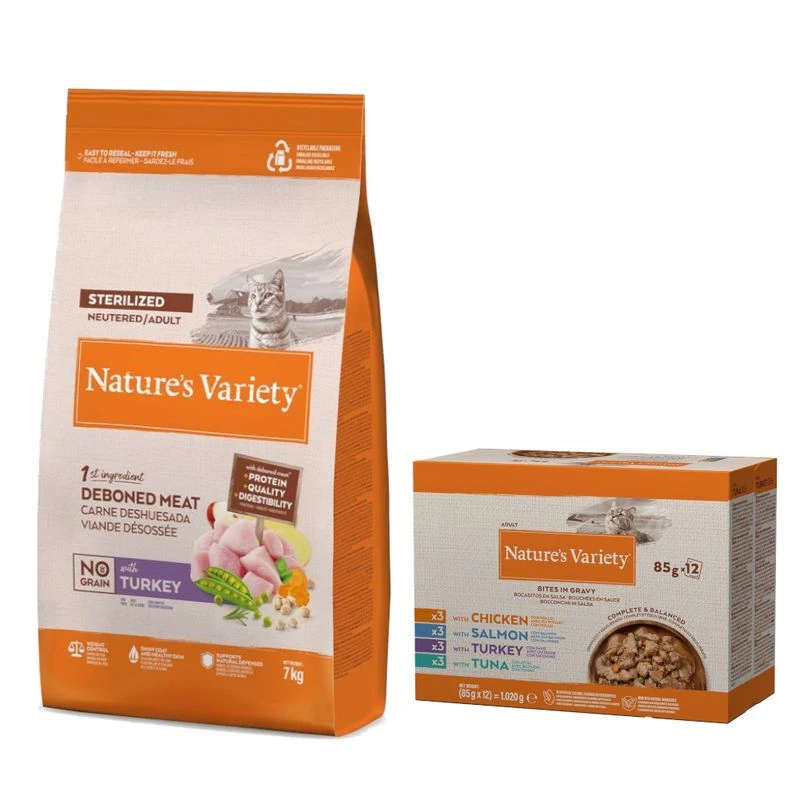 7kg Nature's Variety Dry Cat Food + 12 x 85g Wet Cat Food Free! * No Grain Norwegian Salmon (7kg) + Mixed Pack Bites in Gravy (12 x 85g) 7kg Nature's Variety Dry Cat Food + 12 X 85g Wet Cat Food Free! * No Grain Norwegian Salmon (7kg) + Mixed Pack Bites In Gravy (12 X 85g) -Zooplus Store 174202 pla natures variety original no grain sterilised truthahn 7kg hs 02 7 8 9 4