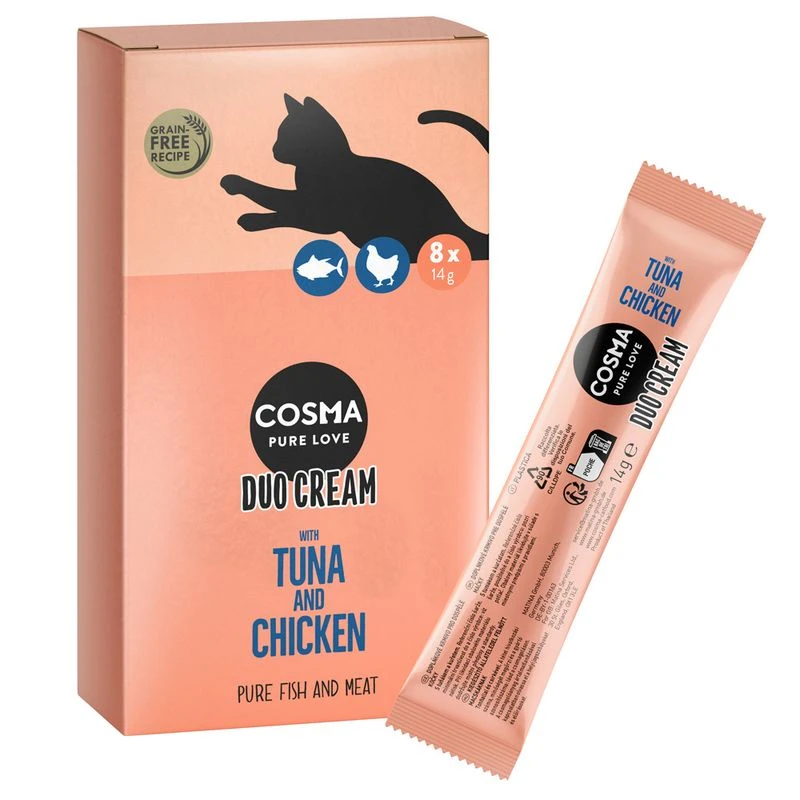 Cosma DUO Cream Treats Saver Pack 24 x 14g Salmon & Chicken Cosma DUO Cream Treats Saver Pack 24 X 14g Salmon & Chicken -Zooplus Store 1 526796 cosma duo cream tuna chicken box sachet 1 2