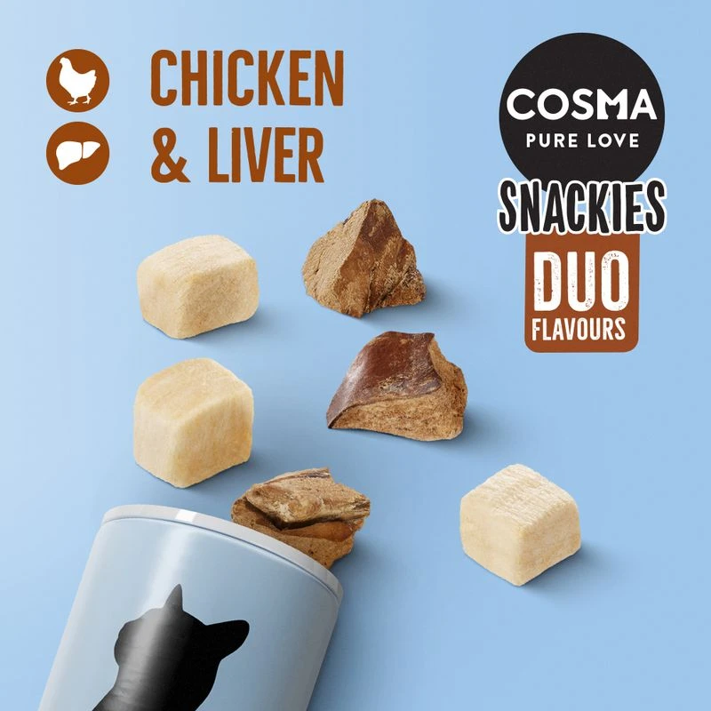 Cosma Snackies DUO 2 in 1 – Saver Pack 5 x Chicken & Tuna (130g) Cosma Snackies DUO 2 In 1 – Saver Pack 5 X Chicken & Tuna (130g) -Zooplus Store 1 70174 cosma snackies duo foodboard chickenliver 1000x1000 4 2