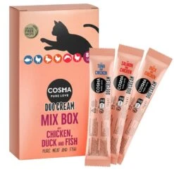 Cosma DUO Cream Treats Saver Pack 24 X 14g Salmon & Chicken 3 Cosma DUO Cream Treats Saver Pack 24 X 14g Salmon & Chicken -Zooplus Store 527198 cosma duocream mixbox box sachets 1 2
