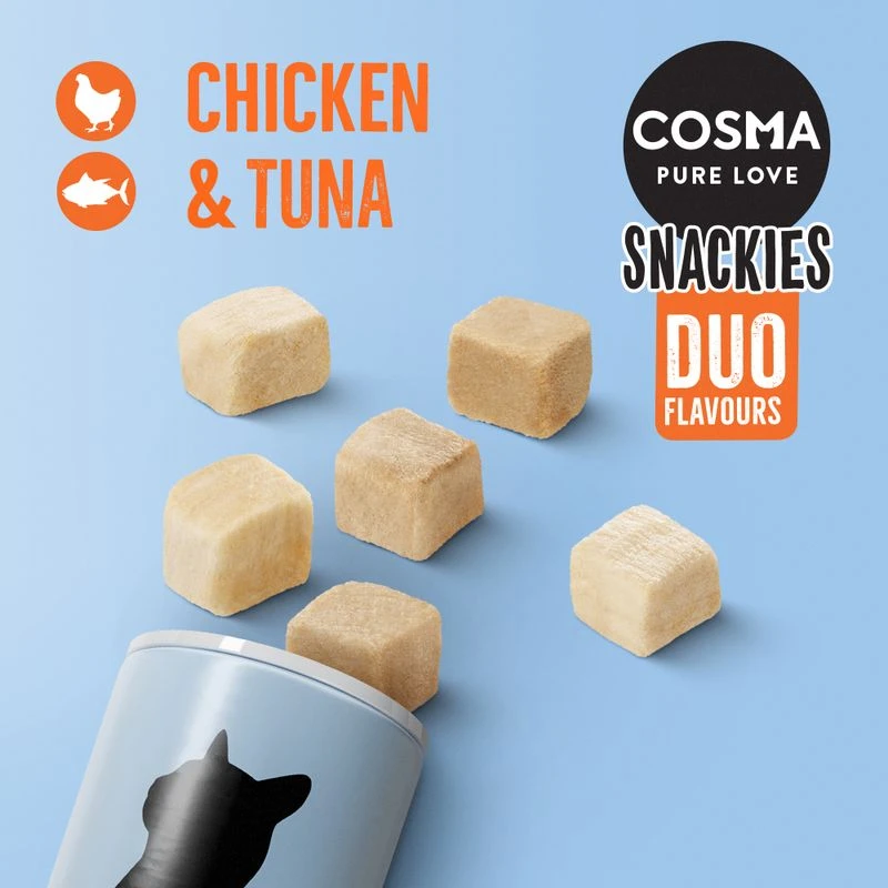 Cosma Snackies DUO 2 in 1 – Saver Pack 5 x Chicken & Tuna (130g) Cosma Snackies DUO 2 In 1 – Saver Pack 5 X Chicken & Tuna (130g) -Zooplus Store 70175 cosma snackies duo foodboard chickentuna 1000x1000 9 2